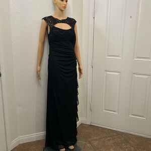 B&A By Betsy & Adam Dress Black Evening Sz 12 Lace Sequin Cutout Shirred Maxi